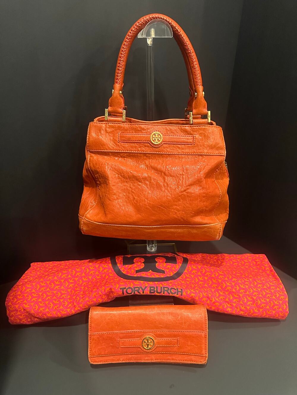 Tory Burch Orange Leather Satchel Handbag Matching Wallet Dust Bag Set